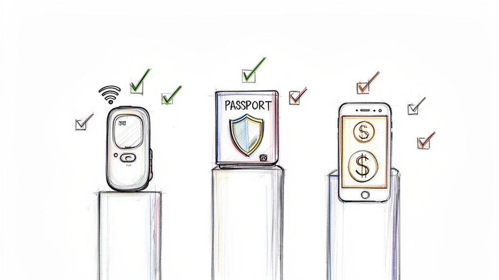 Sketch of a remote device, passport, and smartphone on pedestals with various checkmarks.