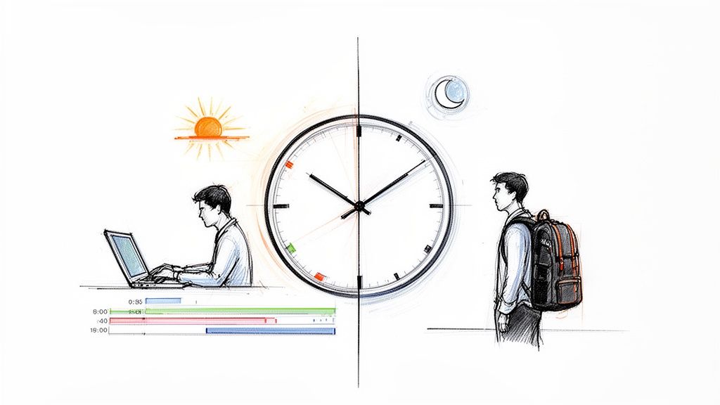 Illustration of a person balancing remote work on a laptop during the day and traveling at night.