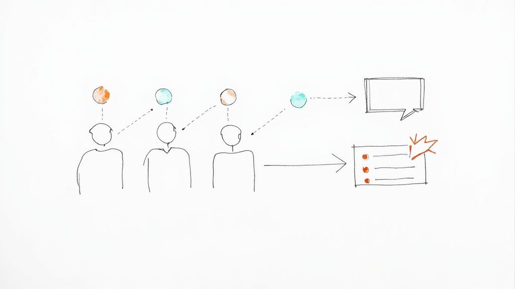 Illustration of three people’s ideas connecting, leading to a conversation bubble and an actionable checklist with a spark.