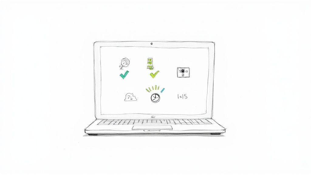 A simple sketch of a laptop with icons representing virtual meeting best practices, including checks, camera, and time.