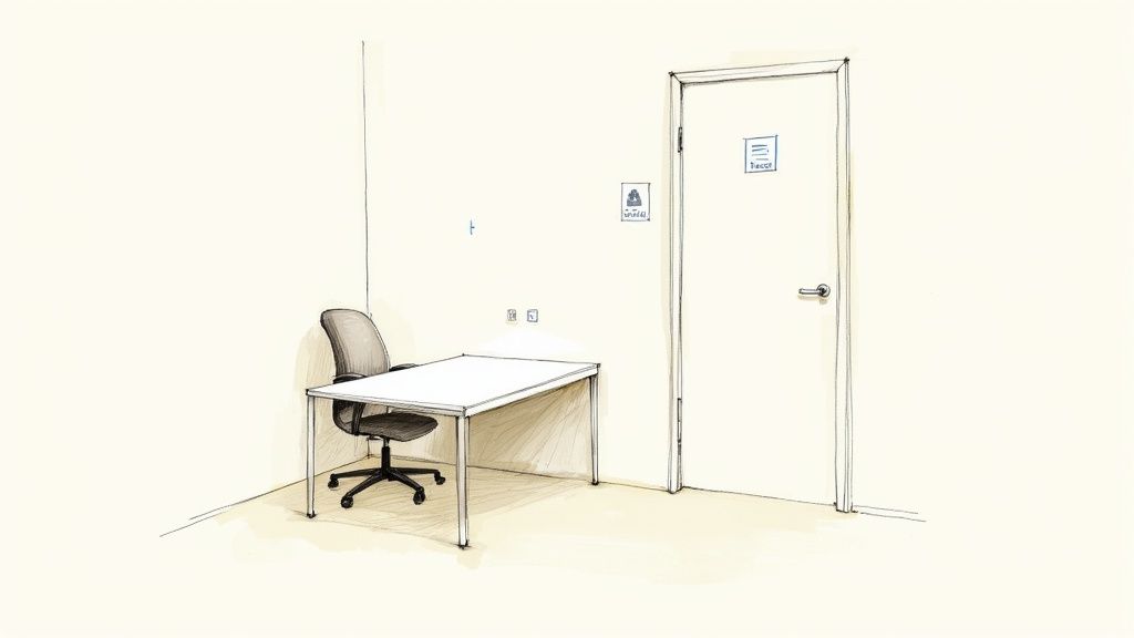 A minimalist hand-drawn sketch depicting an office corner with a desk, chair, and a closed door.