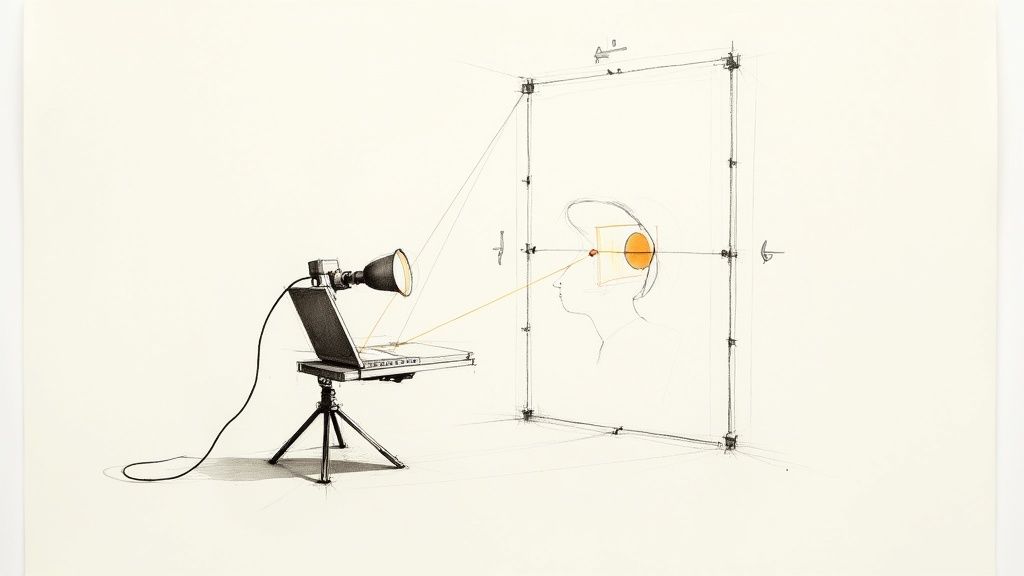 A technical drawing illustrating a light projection setup with a human head profile and light rays.