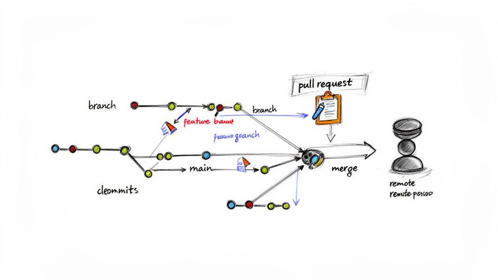 A hand-drawn diagram illustrating Git version control workflow with branches, commits, pull requests, merging, and a remote repository.