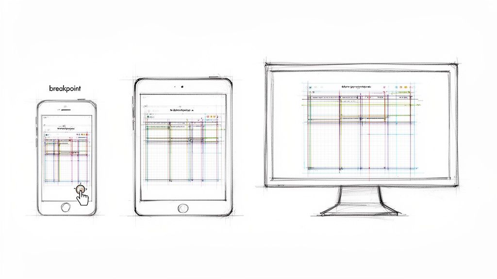 Sketches illustrate responsive web design across smartphone, tablet, and desktop, showing layout grids and a breakpoint.