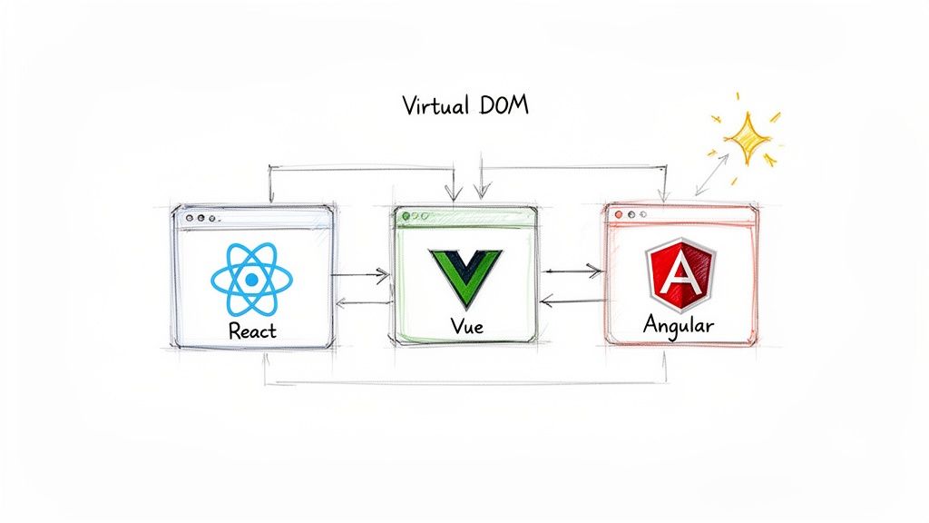 Diagram illustrating the relationship between Virtual DOM and popular web frameworks: React, Vue, and Angular.
