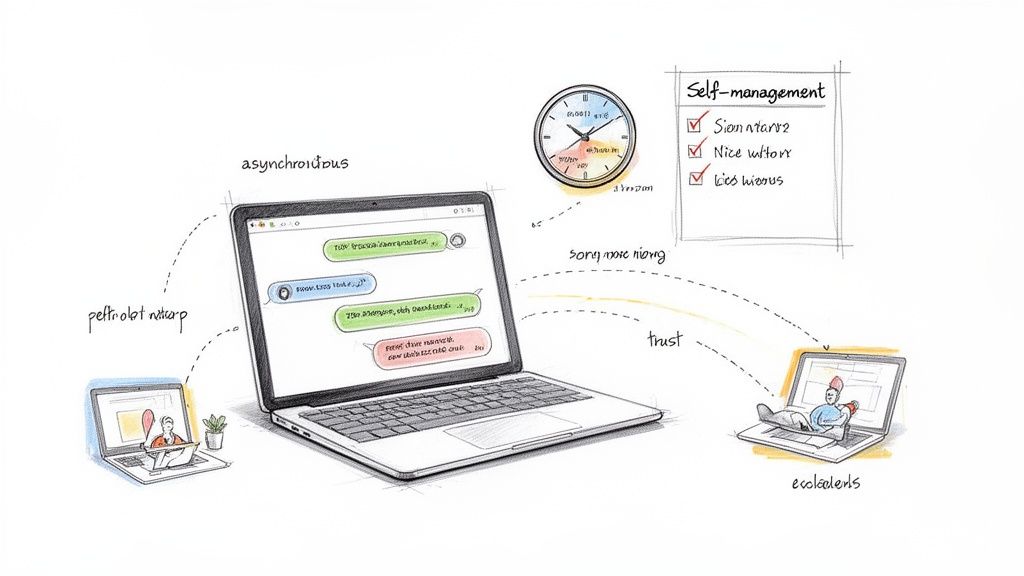 Illustration depicting laptops facilitating asynchronous communication and self-management in a remote work setting.