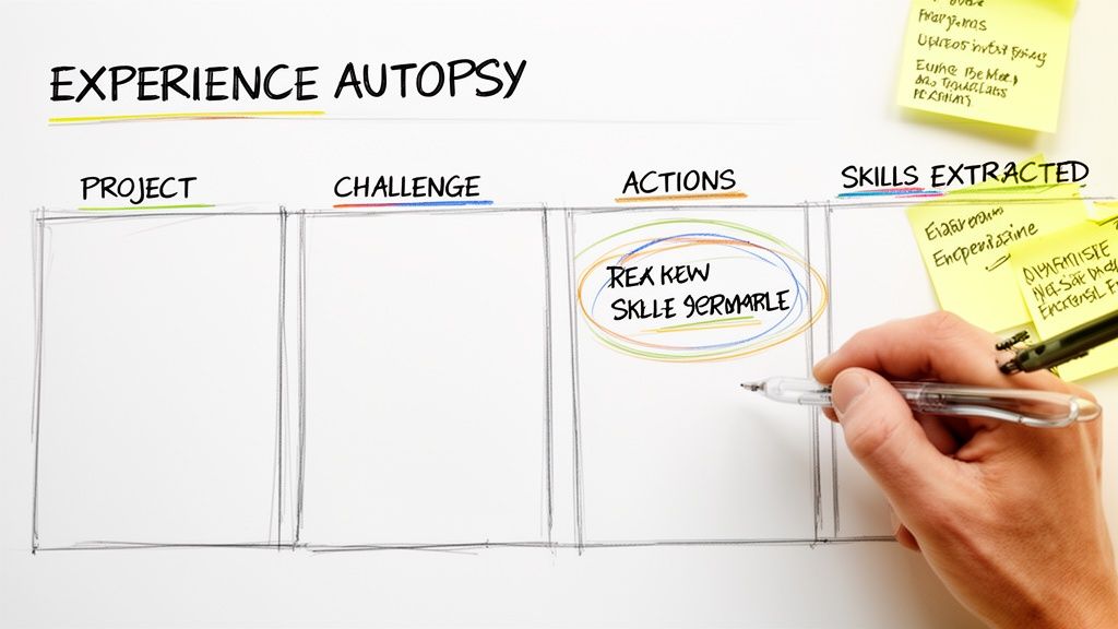 A hand writes on an ‘Experience Autopsy’ framework, detailing actions and extracted skills.