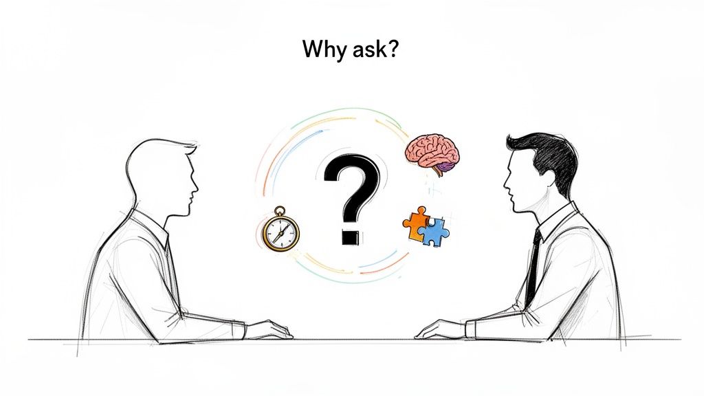Illustration of two men discussing, with symbols of time, thought, and problem-solving around a question mark.