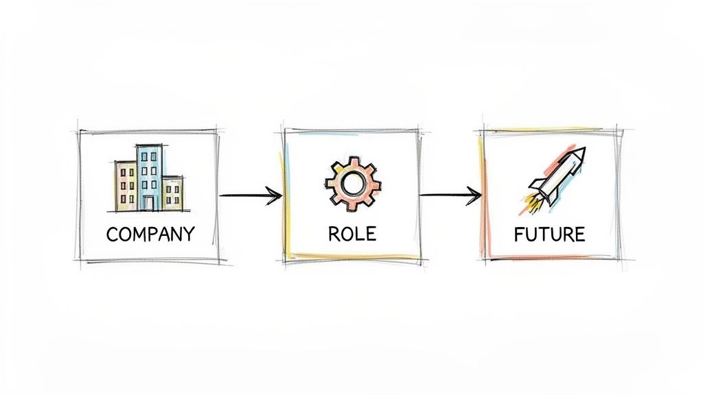 A sketch illustrating the career journey from company and role to future aspirations represented by a rocket.