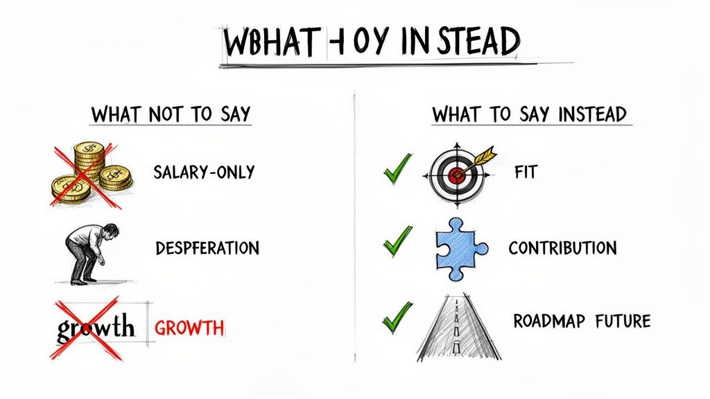 An infographic comparing negative and positive phrases to use in job interviews about salary, growth, and contribution.