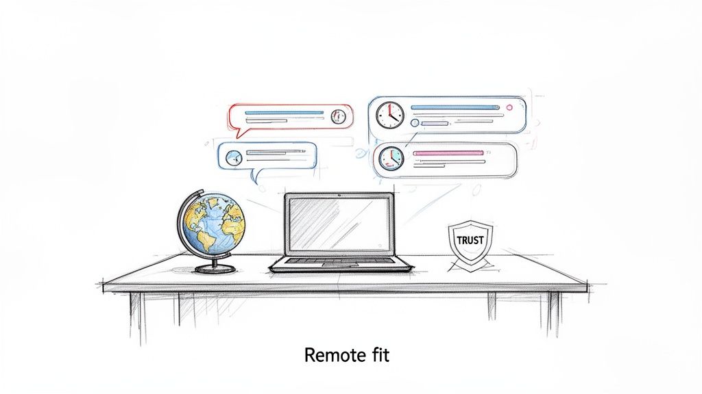 Sketch illustration of a remote workspace with a laptop, globe, trust shield, chat bubbles, and clocks.