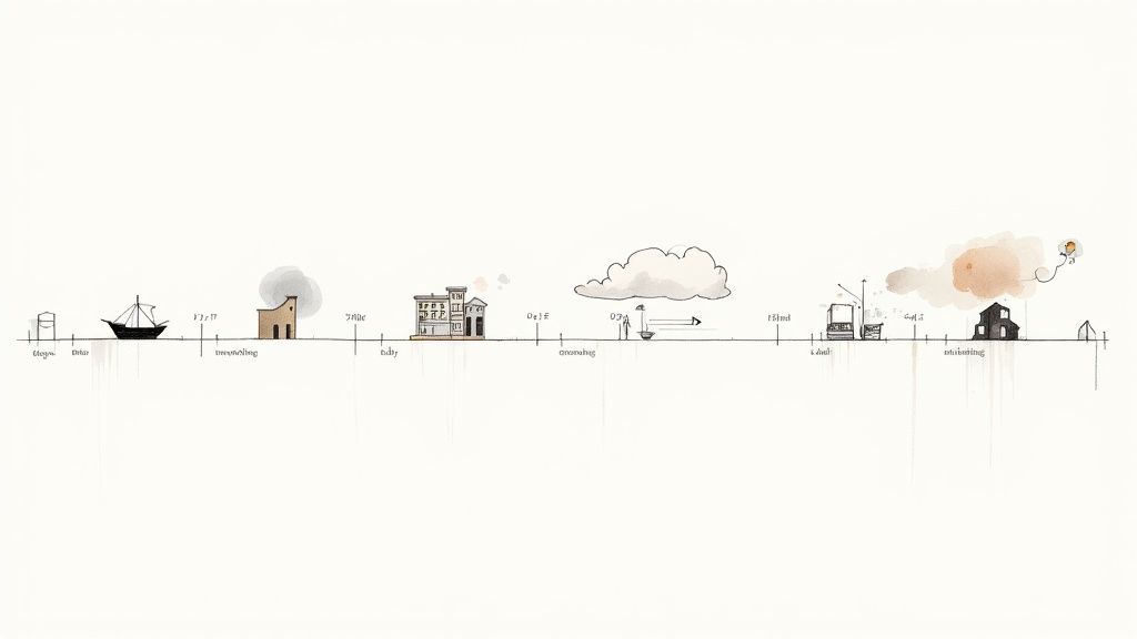 Timeline illustration showing evolution of work from sailing ships to buildings representing distributed team development
