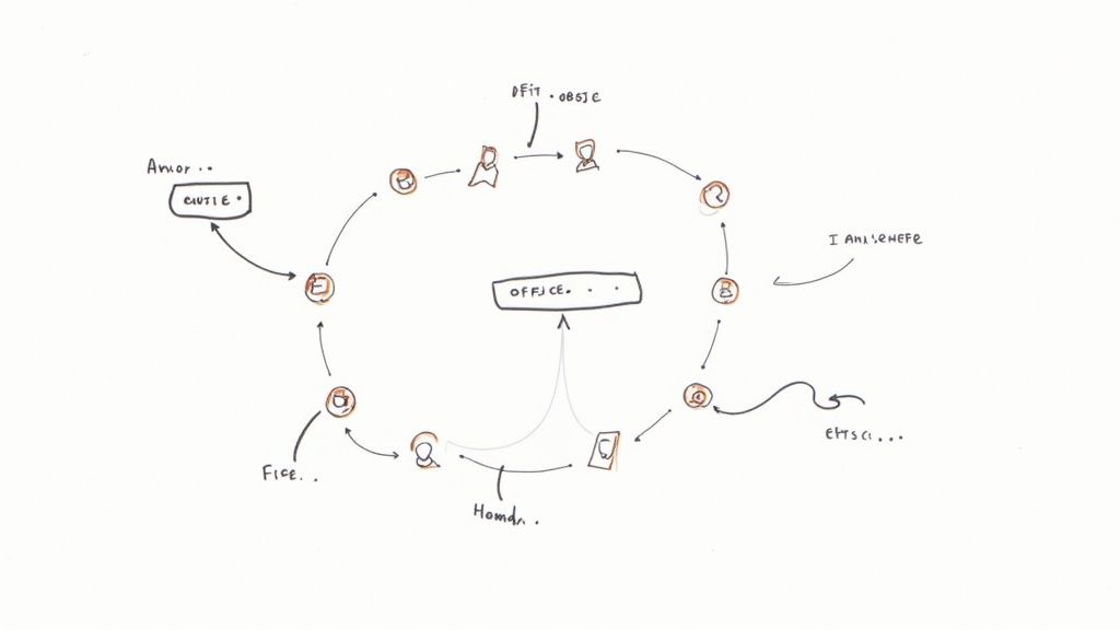 Hand-drawn flowchart showing distributed team workflow connecting office, home, and remote locations