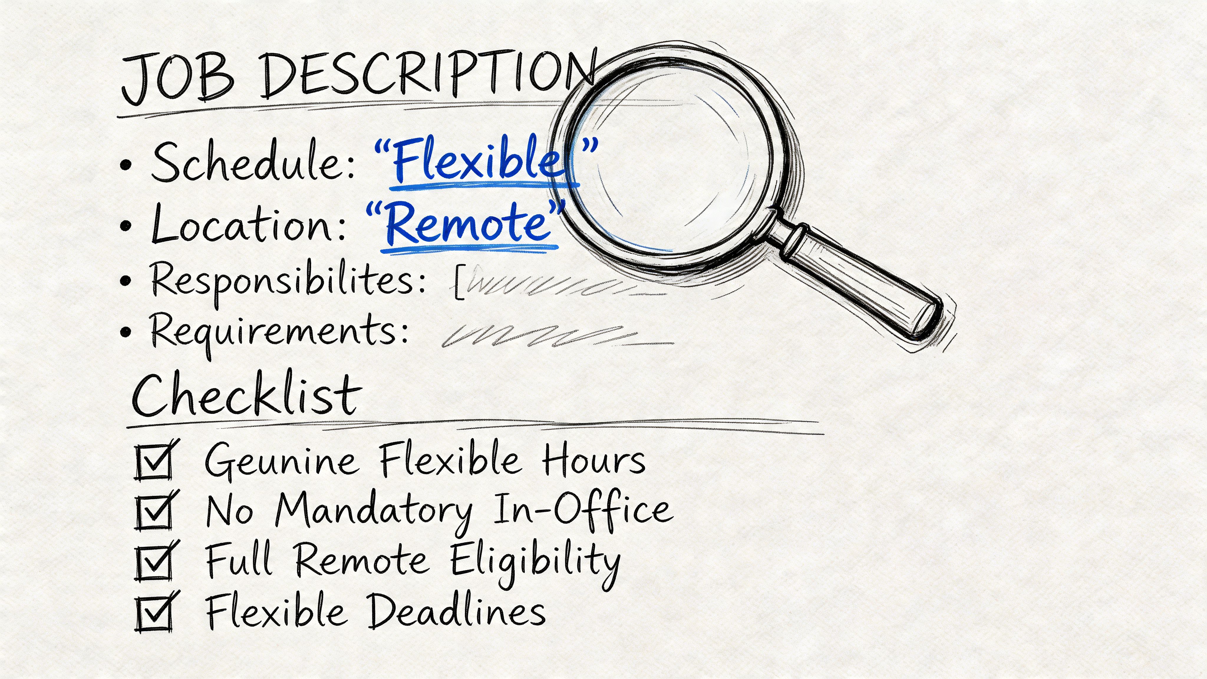 A hand-drawn checklist illustrating the definition of a flexible and remote job description for remote workers.