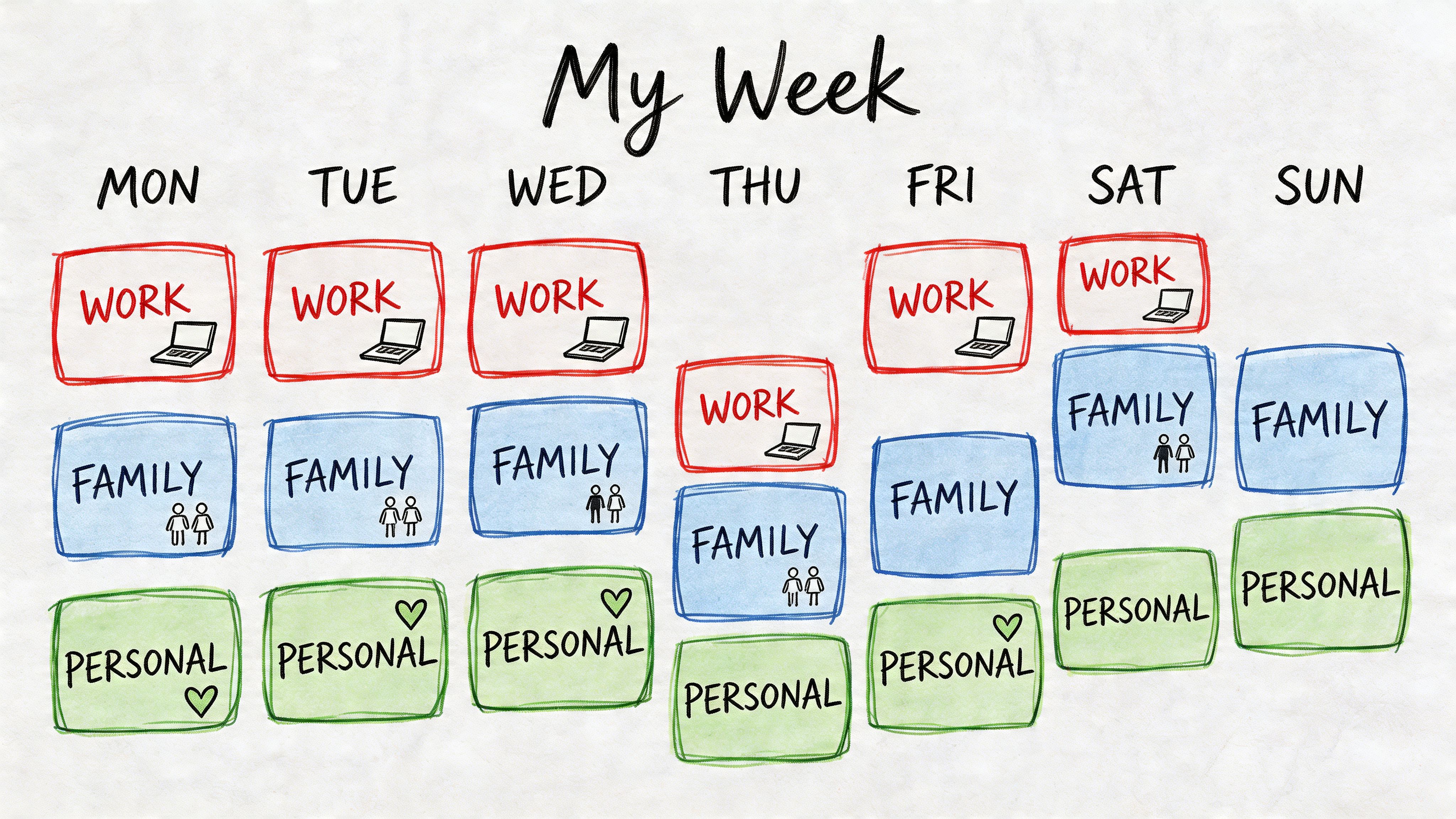 A colorful weekly planner illustration showing a flexible work schedule with work, family, and personal time blocks.