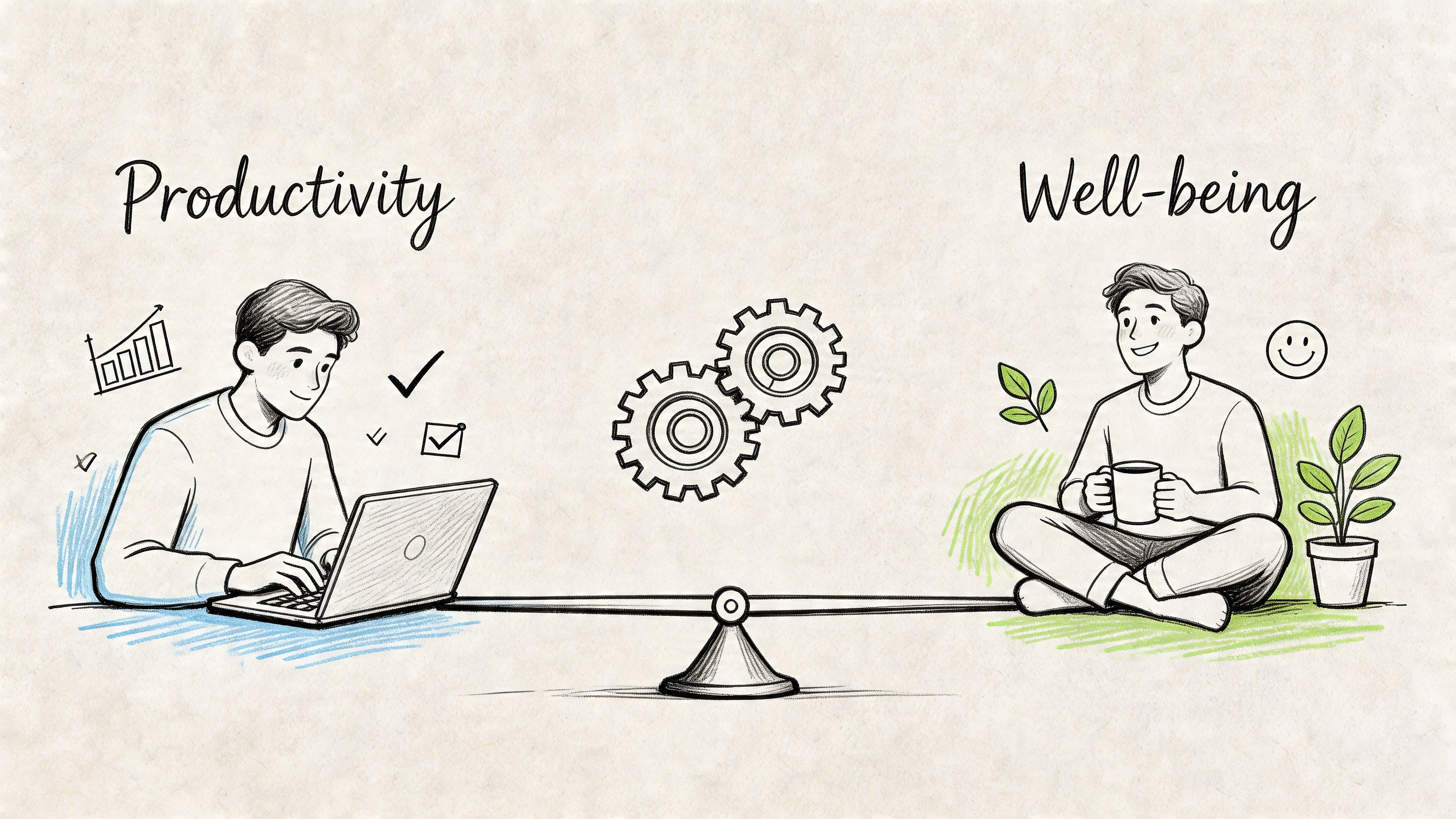 A pencil sketch illustration showing a balanced seesaw between productivity with a laptop and mental well-being.