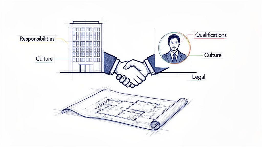 A blueprint for hiring, showing a handshake between a company and an employee, with labels for responsibilities, qualifications, culture, and legal aspects.