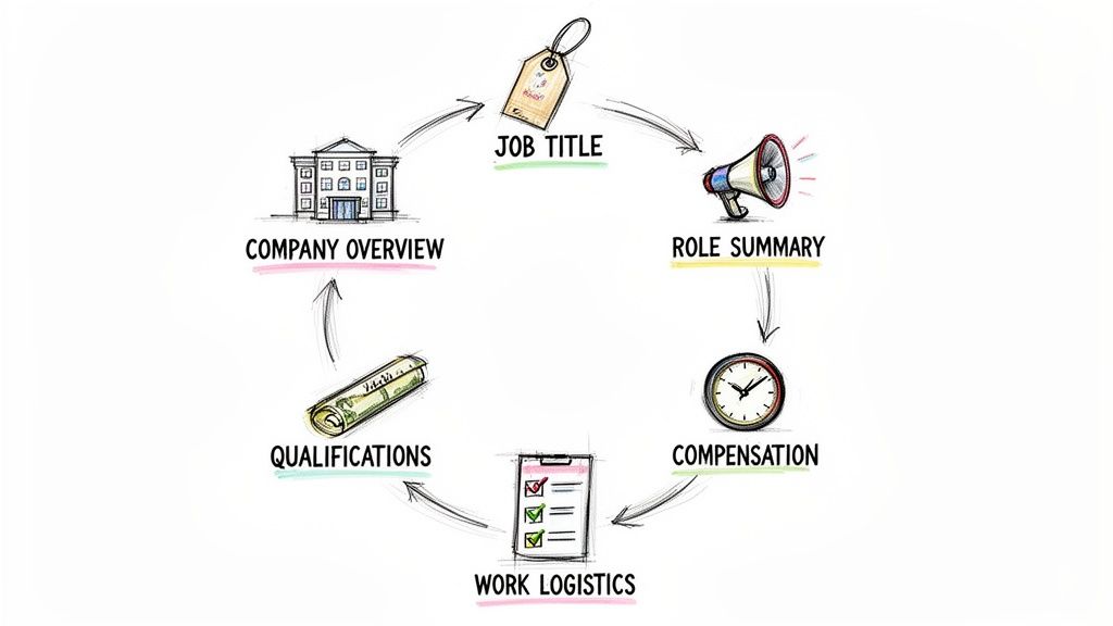 A circular diagram illustrating the essential components of a job description: title, summary, compensation, logistics, qualifications, and company overview.