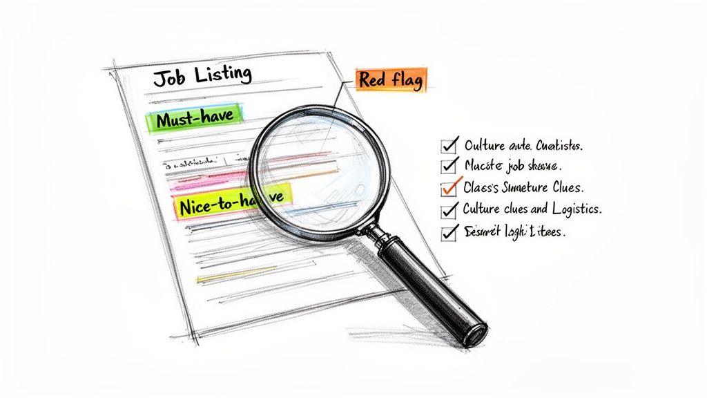 A job listing document with ‘Must-have’, ‘Nice-to-have’, and ‘Red flag’ sections, viewed through a magnifying glass, next to a checklist.