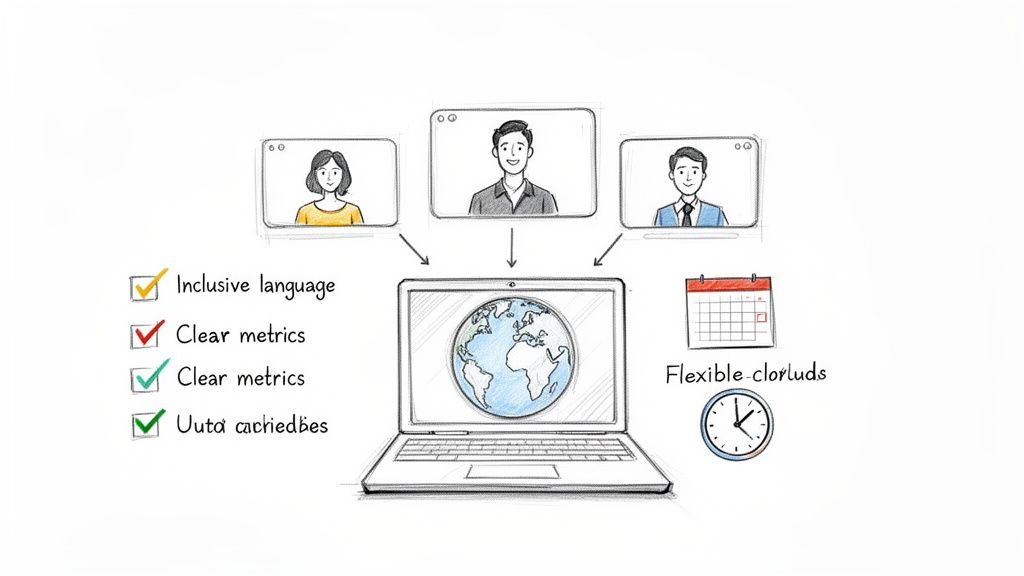 Hand-drawn illustration of global online collaboration with a checklist of inclusive language and clear metrics.
