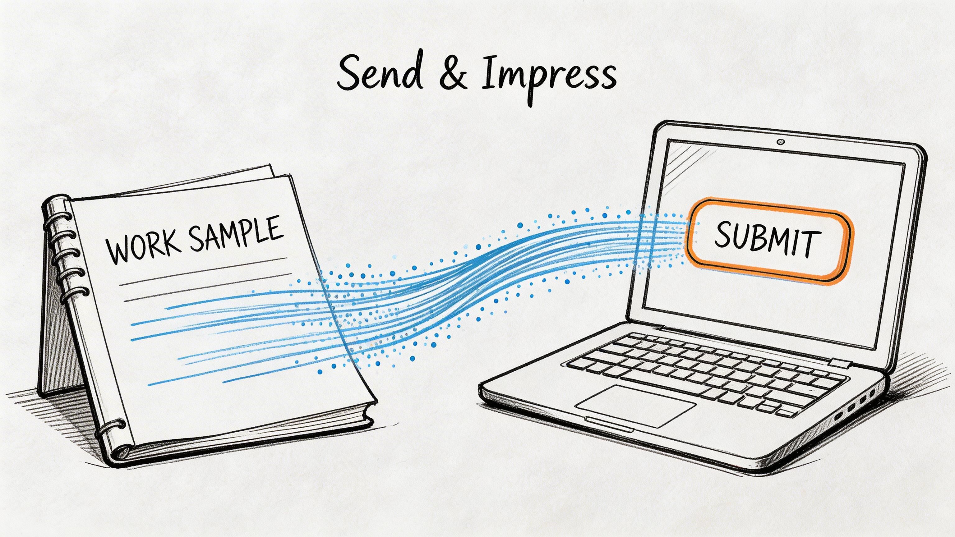 A conceptual illustration showing a physical work sample document being digitally submitted into a laptop computer screen.