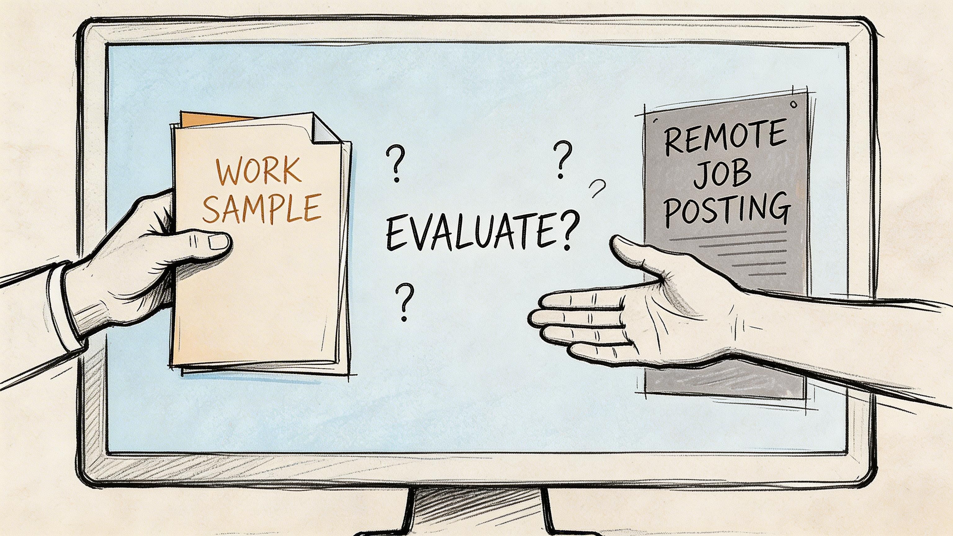 A hand holds a work sample document while another hand reaches towards a remote job posting.