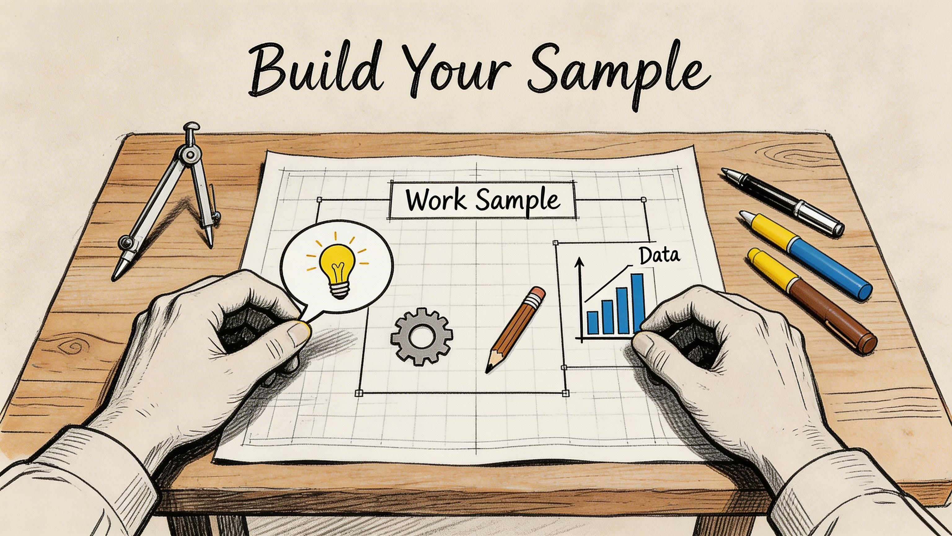 A hand-drawn illustration of hands working on a work sample document with lightbulb, gear, and graph icons.