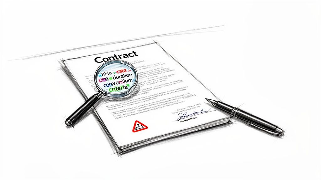 A magnifying glass inspects crucial terms in a contract document, highlighting detailed analysis.