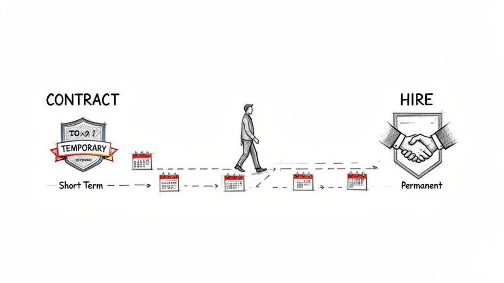 An illustration of a man walking from a temporary contract to a permanent hire, showing the progression of employment.
