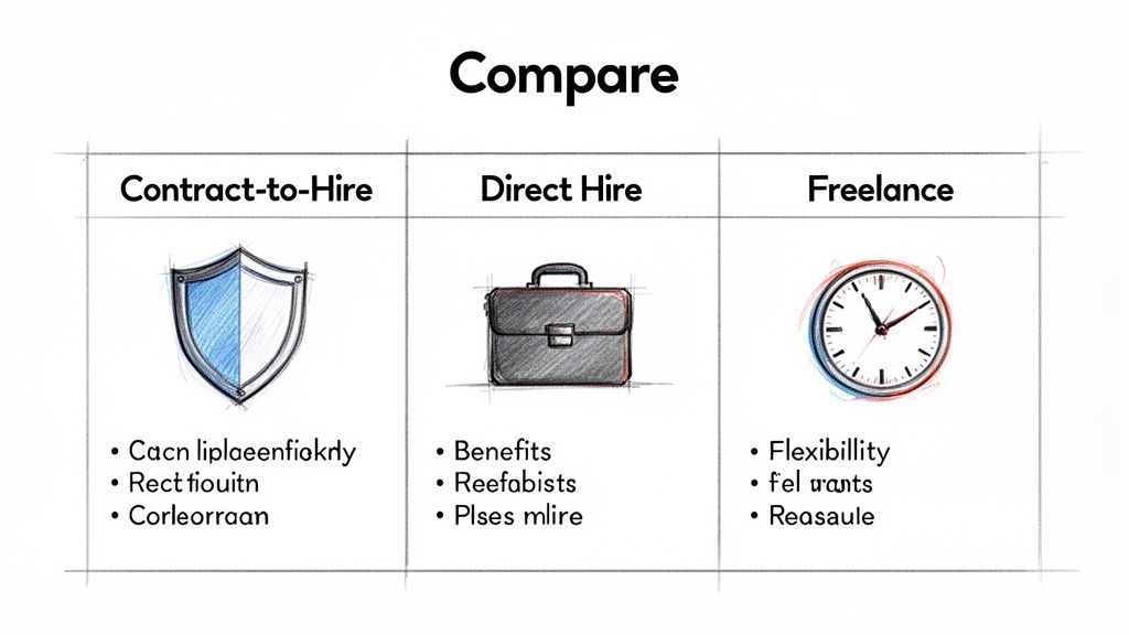 A comparison chart outlining Contract-to-Hire, Direct Hire, and Freelance job types with icons and bullet points.
