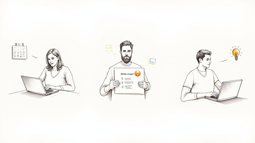 Illustration of three people demonstrating various productivity skills like planning, task management, and idea generation.
