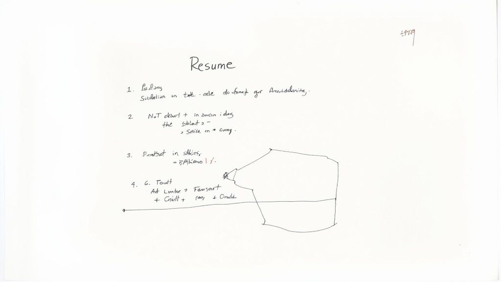 Handwritten resume outline with numbered notes and a simple drawing on white paper.