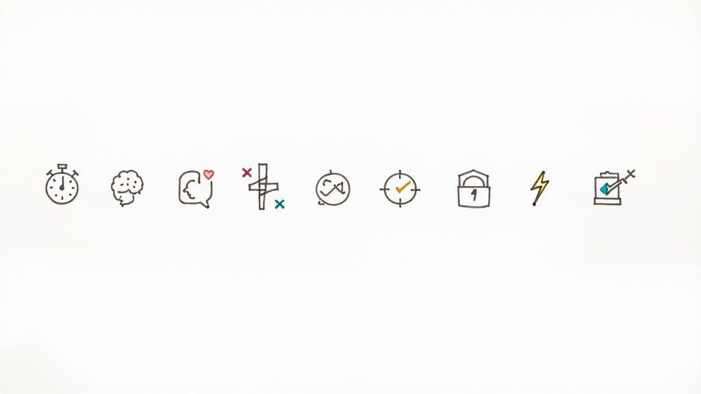 A row of hand-drawn icons representing various self-management skills on a white background.