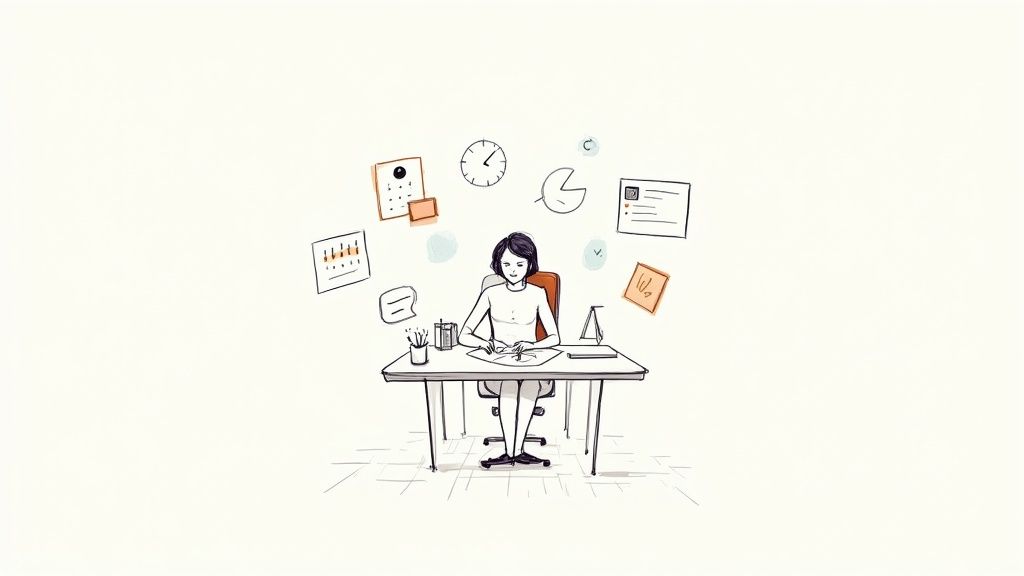 Illustration of a person at a desk surrounded by icons representing time, tasks, and information management.