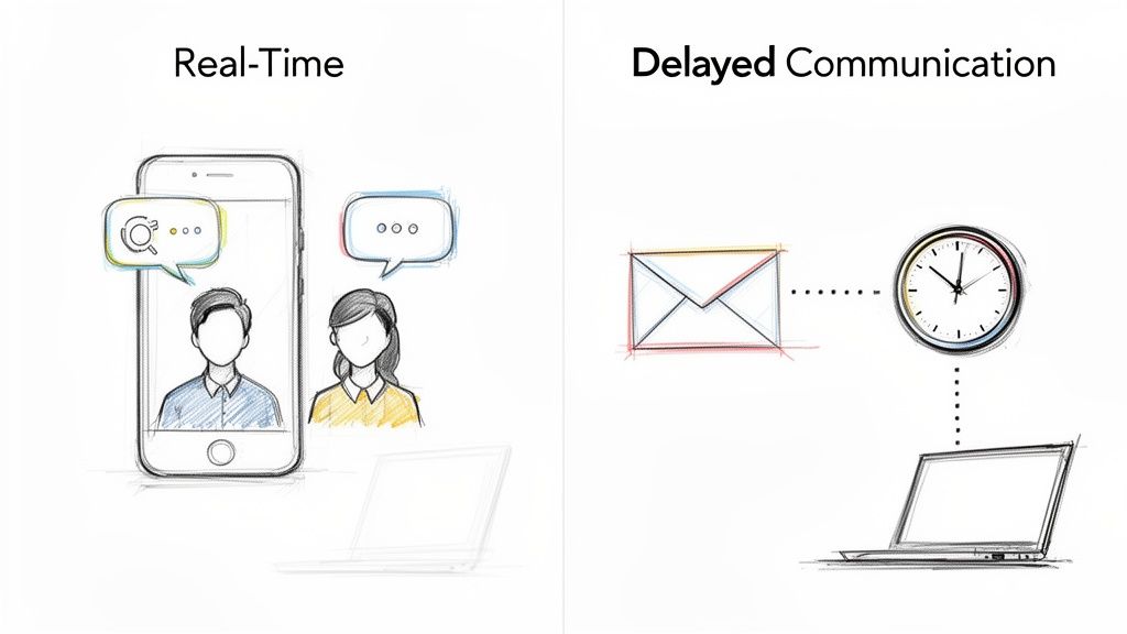 Sketch comparing real-time communication via smartphone chat to delayed communication using email and a laptop.