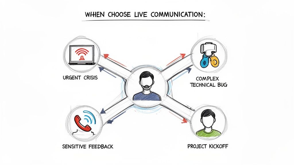 Diagram illustrating when to use live communication for urgent crisis, complex technical bugs, sensitive feedback, and project kickoff.