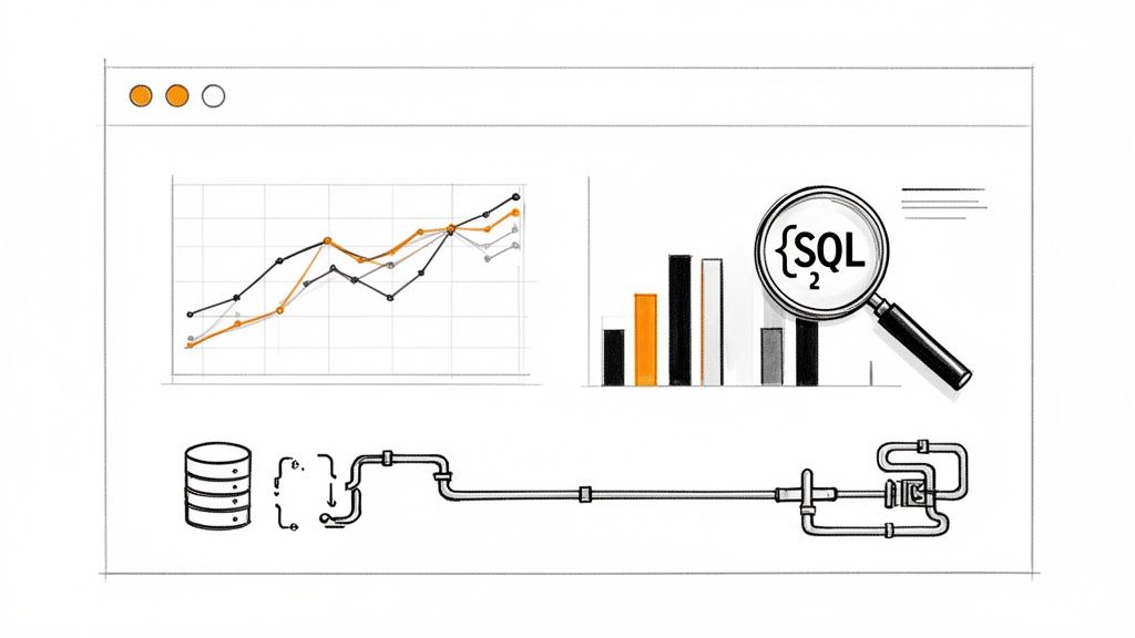 A sketch of a data dashboard displaying graphs, SQL analysis, and a database processing pipeline.