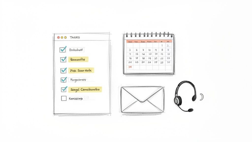 Hand-drawn illustration of a tasks list, calendar, envelope, and headset, representing productivity tools.