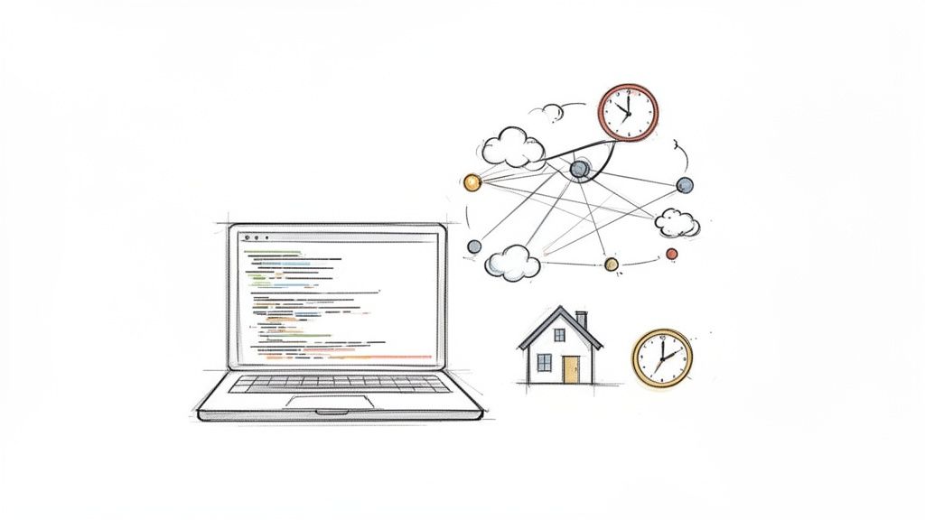 Illustration showing a laptop, a home, and a cloud network with clocks, representing work from home.