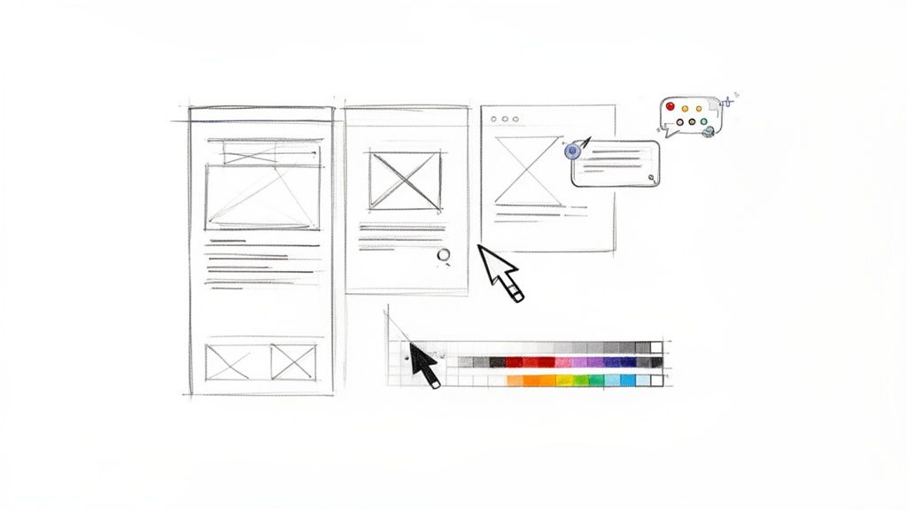Hand-drawn wireframe sketches illustrating user interface design concepts with a color palette.
