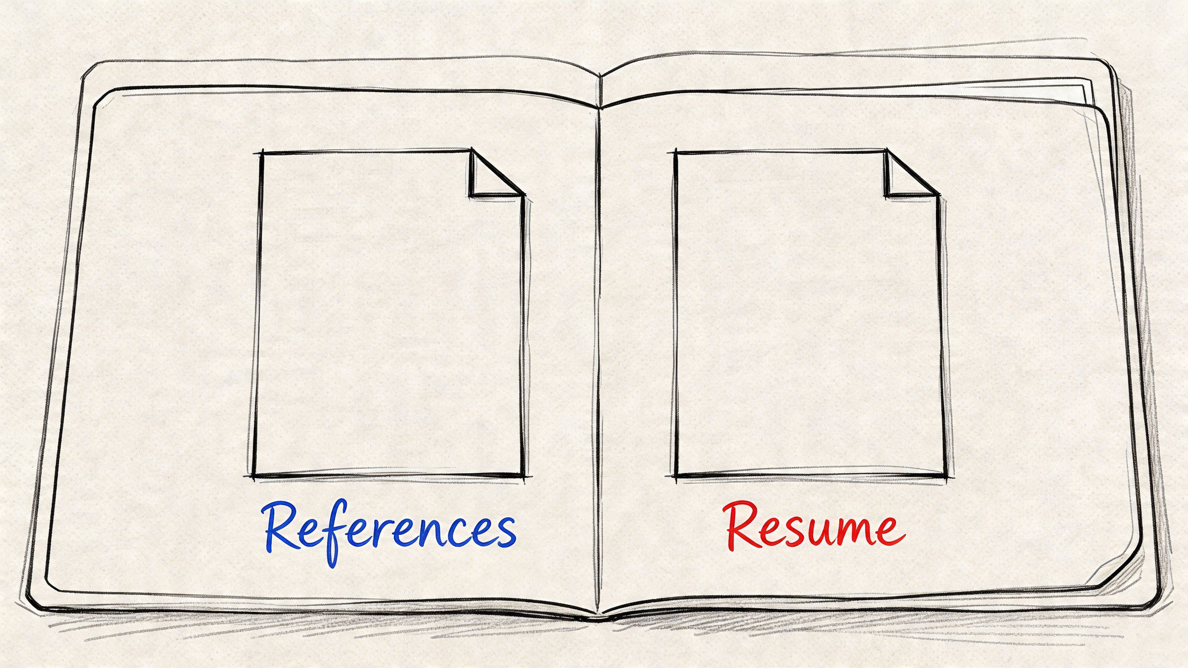 A hand-drawn illustration showing a notebook opened to two pages labeled References and Resume with document icons.