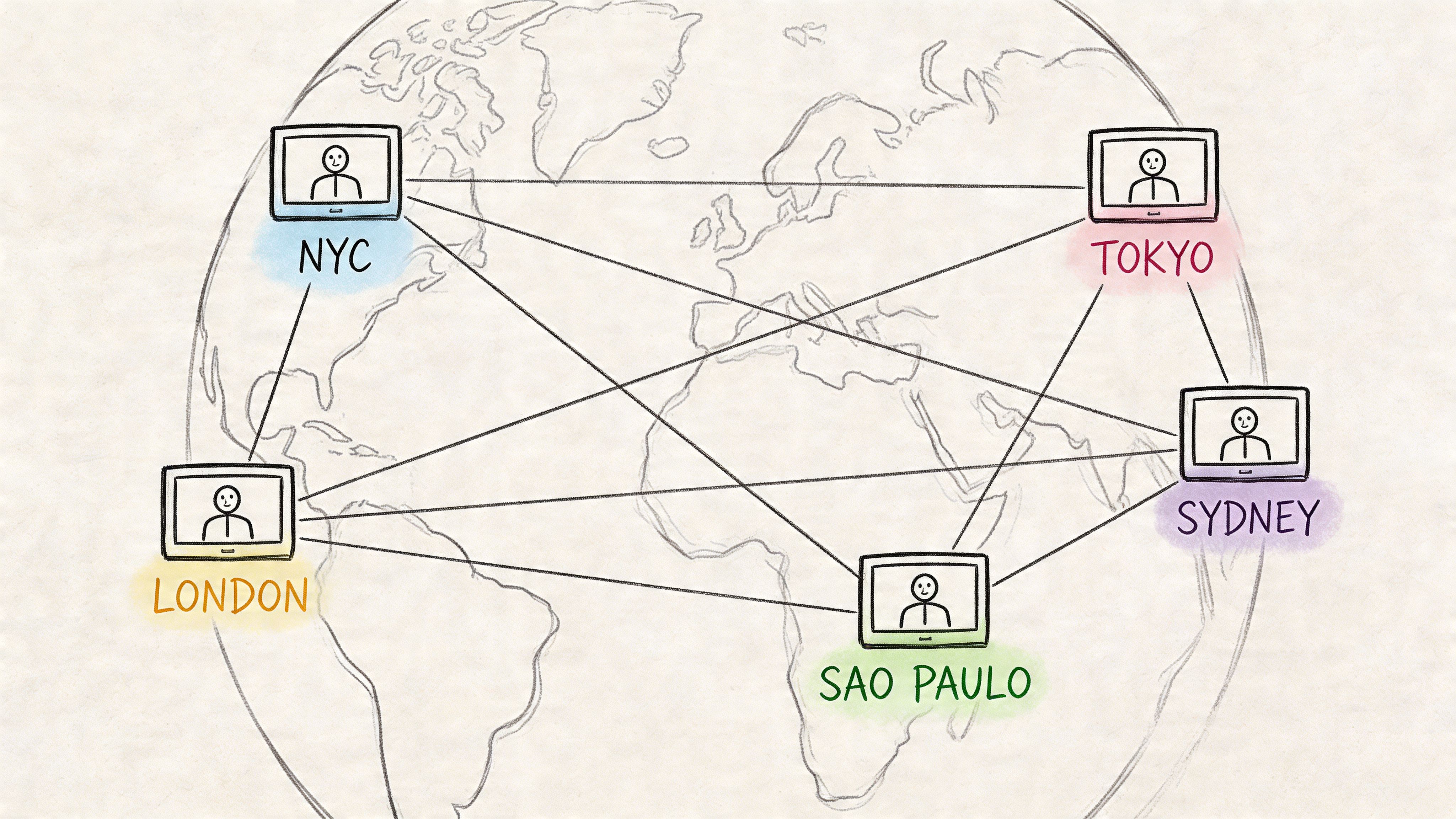 A hand-drawn illustration showing a global network of five interconnected cities on a world map.