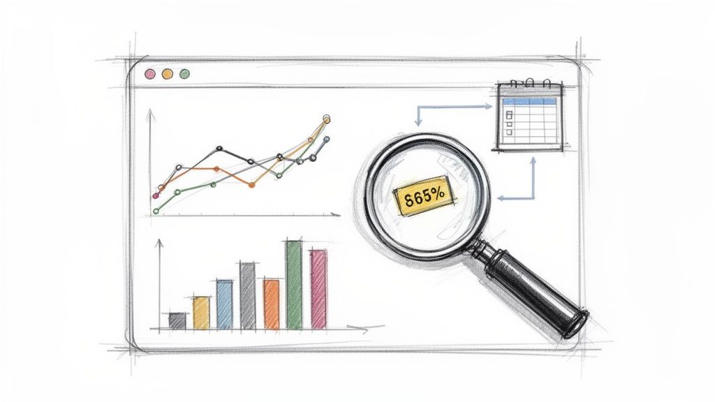 Sketch of a browser displaying data charts, a magnifying glass highlights “865%”, and a calendar.