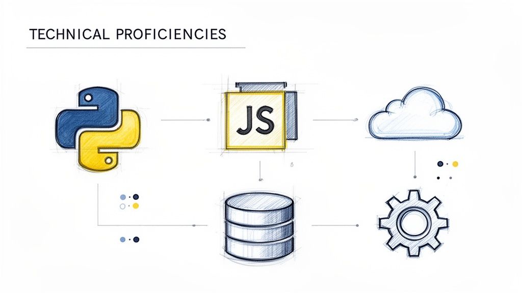 Diagram illustrating technical proficiencies including Python, JavaScript, cloud, database, and operations.