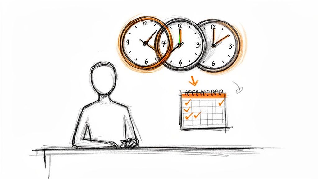 A person sitting, looking at three clocks and a calendar with tasks checked off, symbolizing time management.