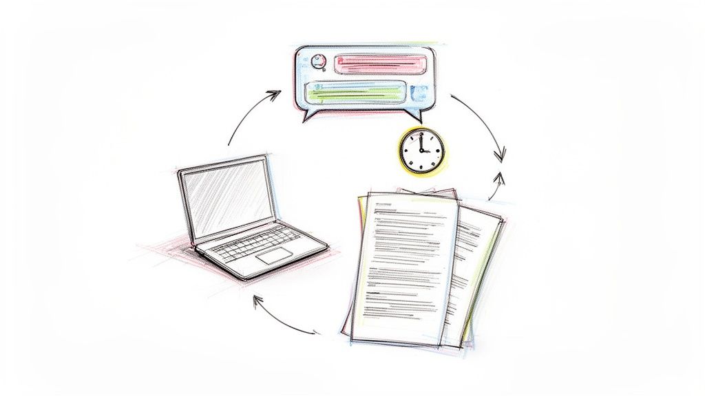 A sketch illustrating a cyclical workflow with a laptop, chat messages, a clock, and documents.
