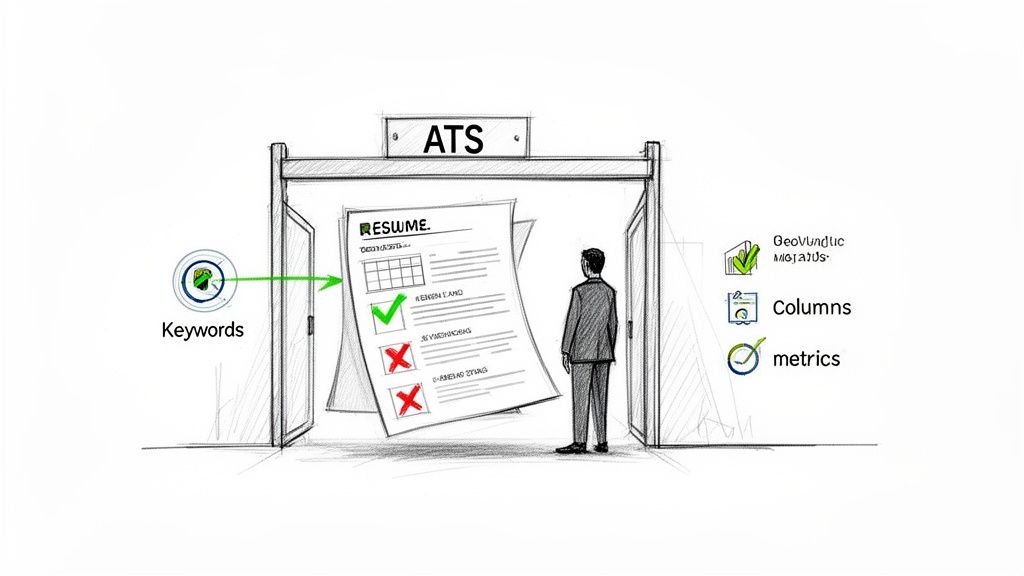 Hand-drawn illustration of a resume passing through an ATS gate, with keywords and metrics influencing its selection.