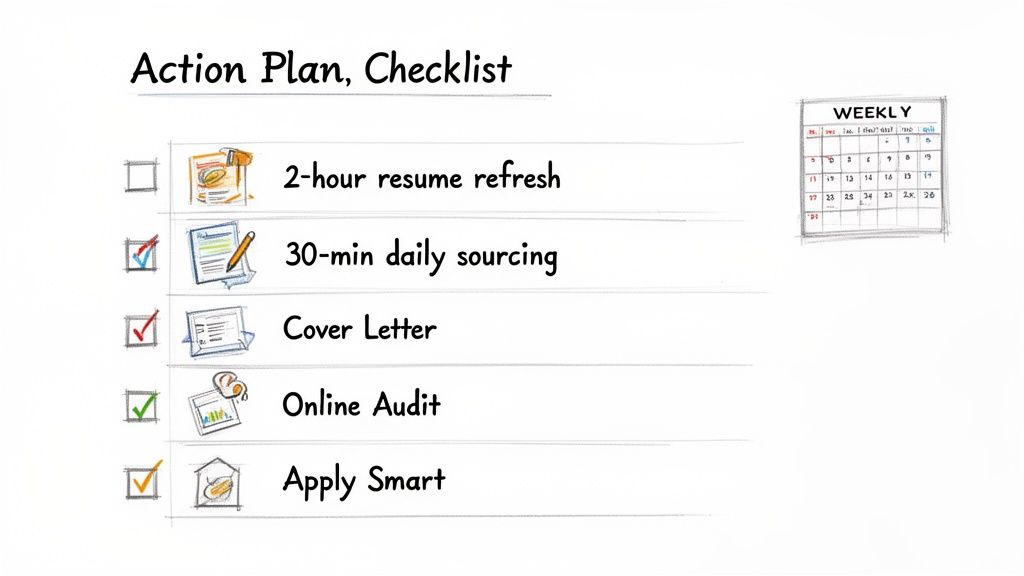 A whiteboard showing an action plan checklist for job seekers, including tasks like resume refresh and daily sourcing.