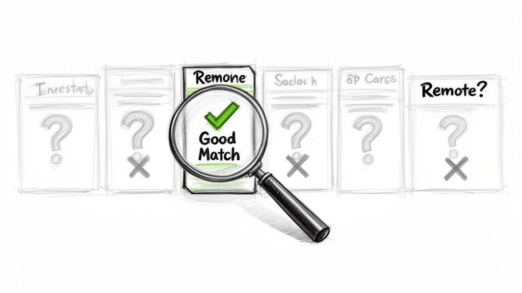 Magnifying glass highlights a ‘Good Match’ document among others with questions, symbolizing successful job applications.