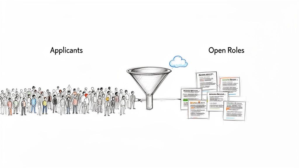 Illustration showing many job applicants being filtered by a funnel towards various open roles.